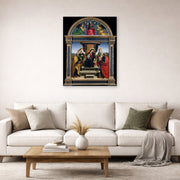 Unframed poster print of Raphael's Madonna and Child Enthroned with Saints displayed on a wall in a living room