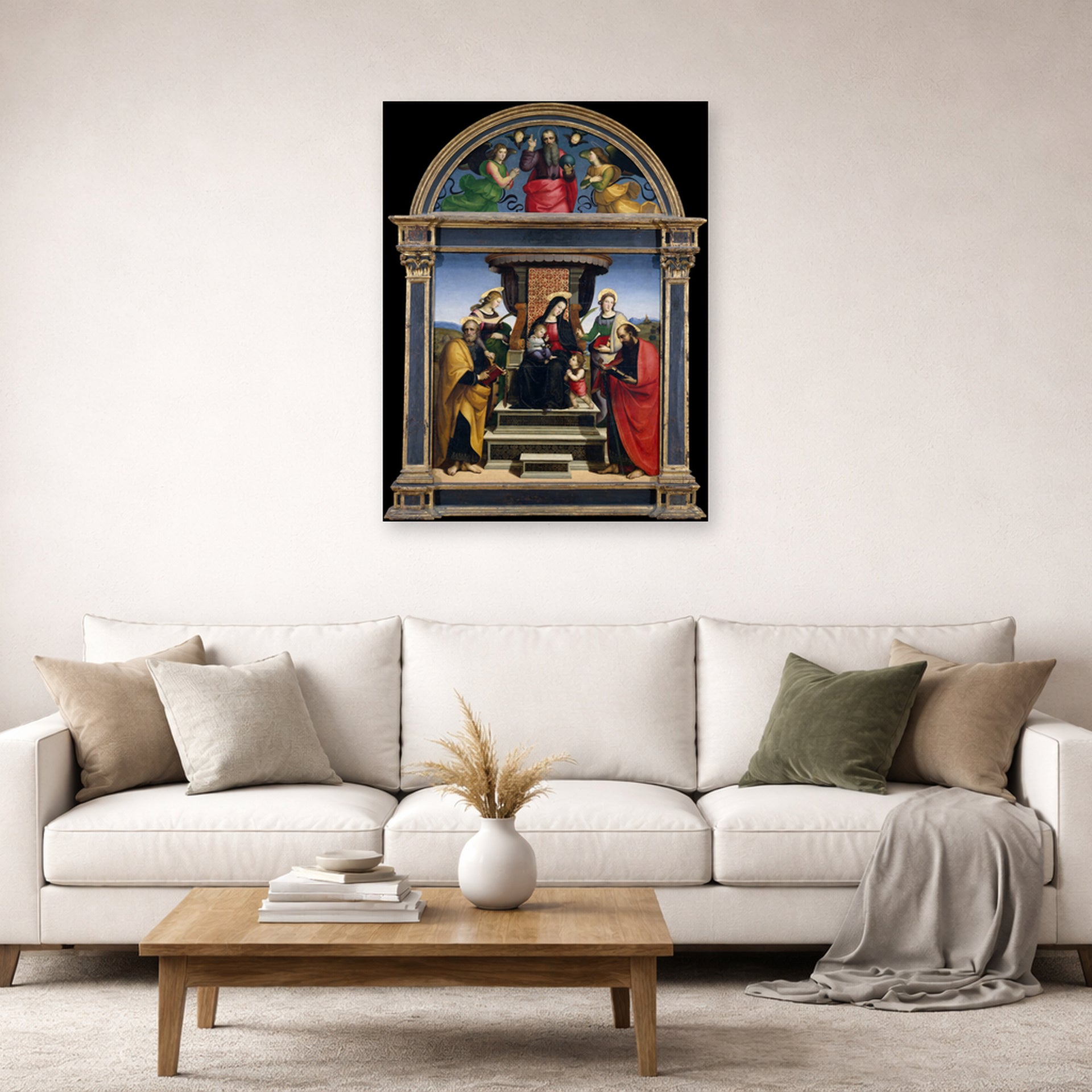 Unframed poster print of Raphael's Madonna and Child Enthroned with Saints displayed on a wall in a living room