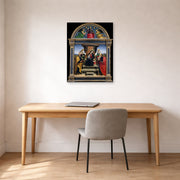 Unframed poster print of Raphael's Madonna and Child Enthroned with Saints displayed on a wall in a office
