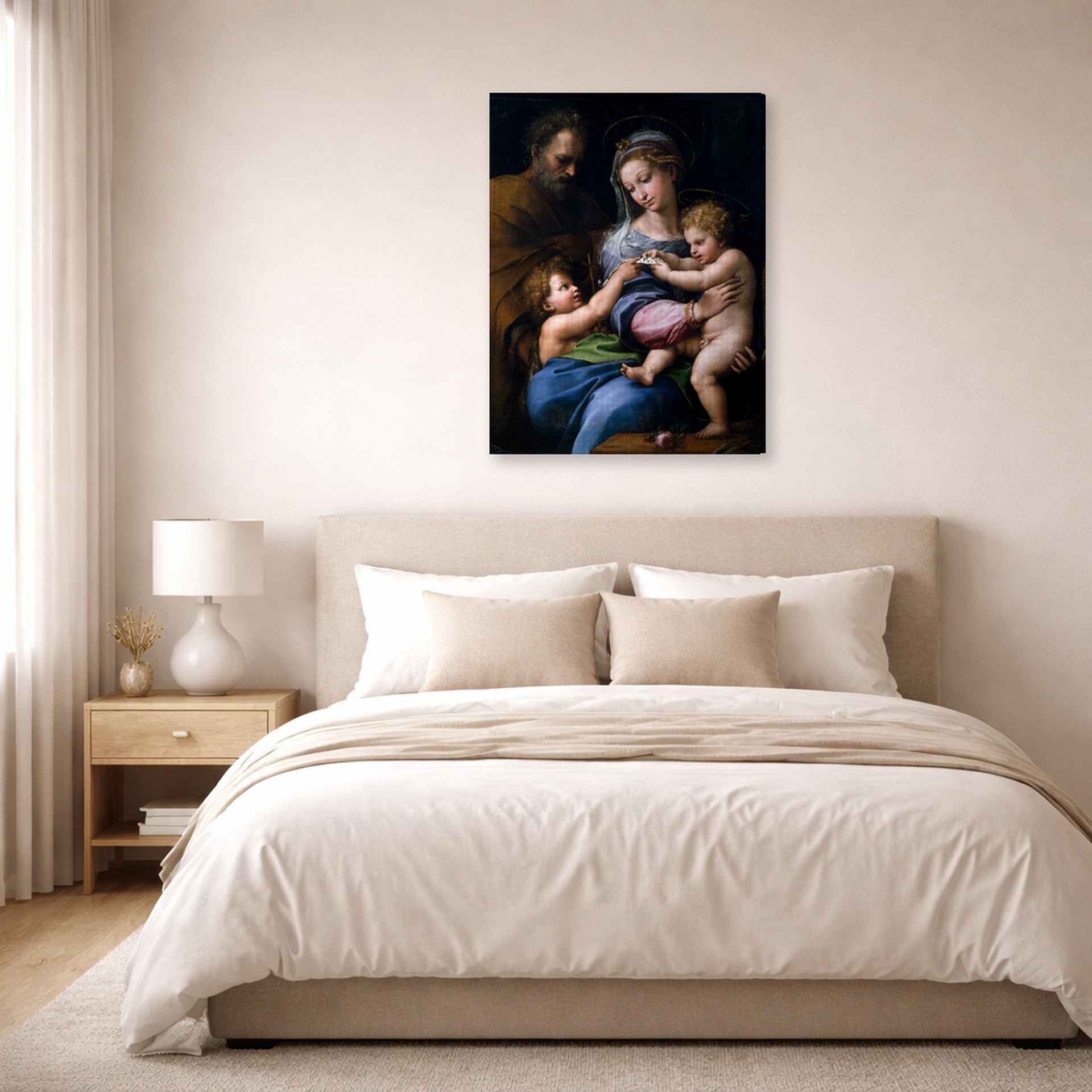 Gallery-wrapped canvas print of Raphael's Madonna of the Rose displayed on a wall in a bedroom