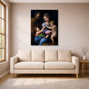 Gallery-wrapped canvas print of Raphael's Madonna of the Rose displayed on a wall in a living room