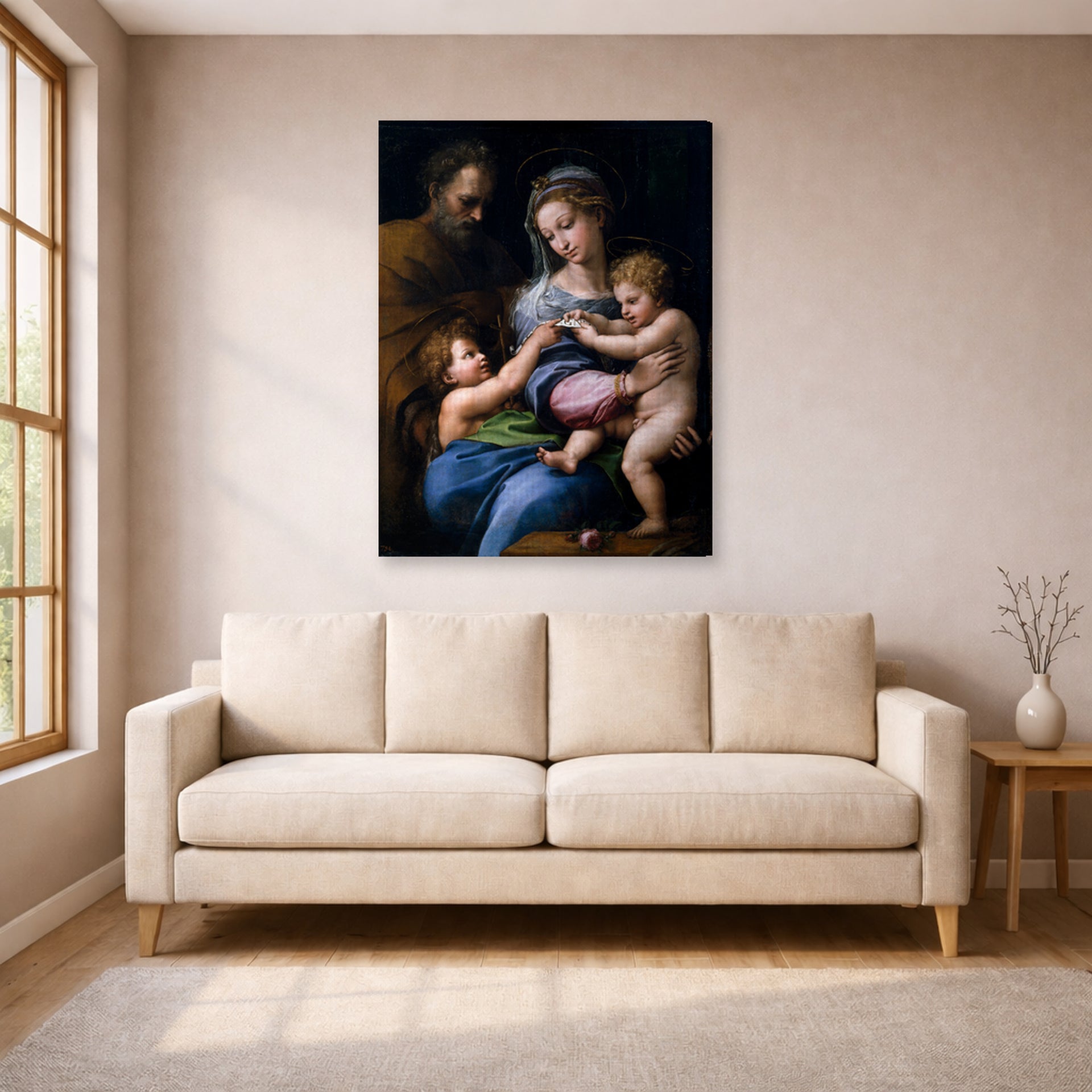 Gallery-wrapped canvas print of Raphael's Madonna of the Rose displayed on a wall in a living room