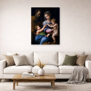 Gallery-wrapped canvas print of Raphael's Madonna of the Rose displayed on a wall in a living room