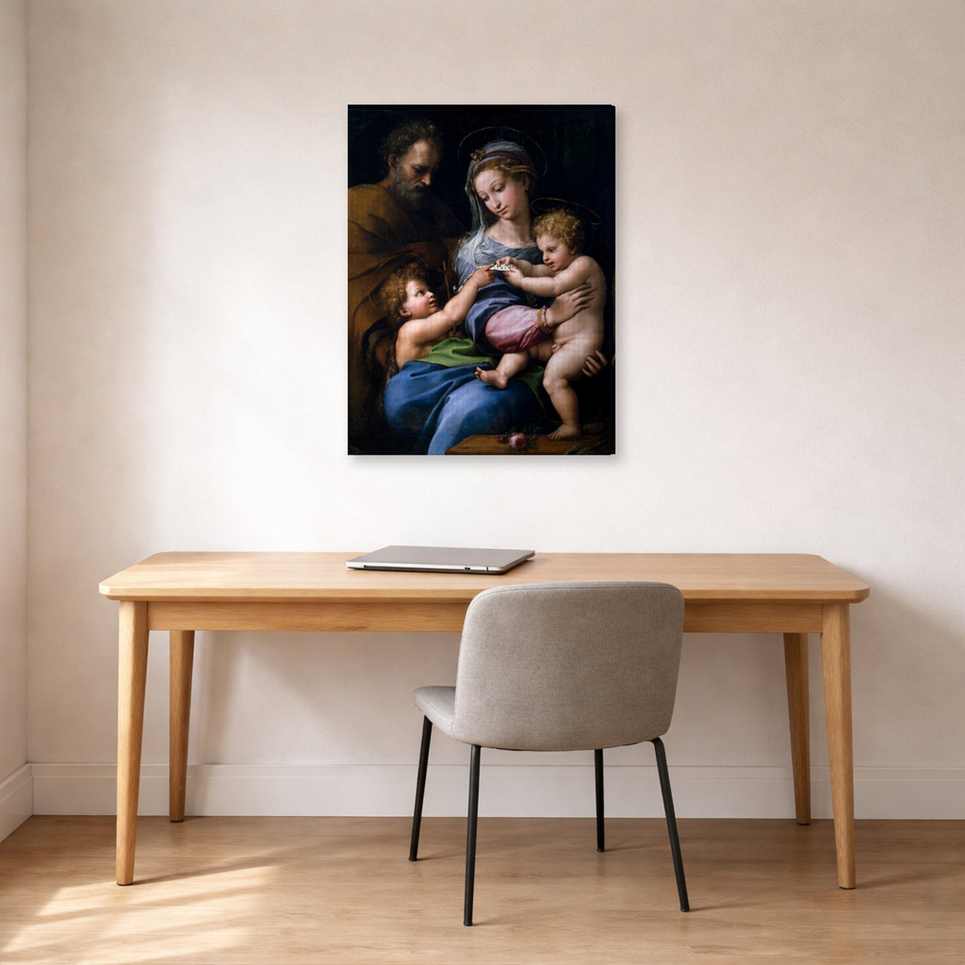 Gallery-wrapped canvas print of Raphael's Madonna of the Rose displayed on a wall in a office