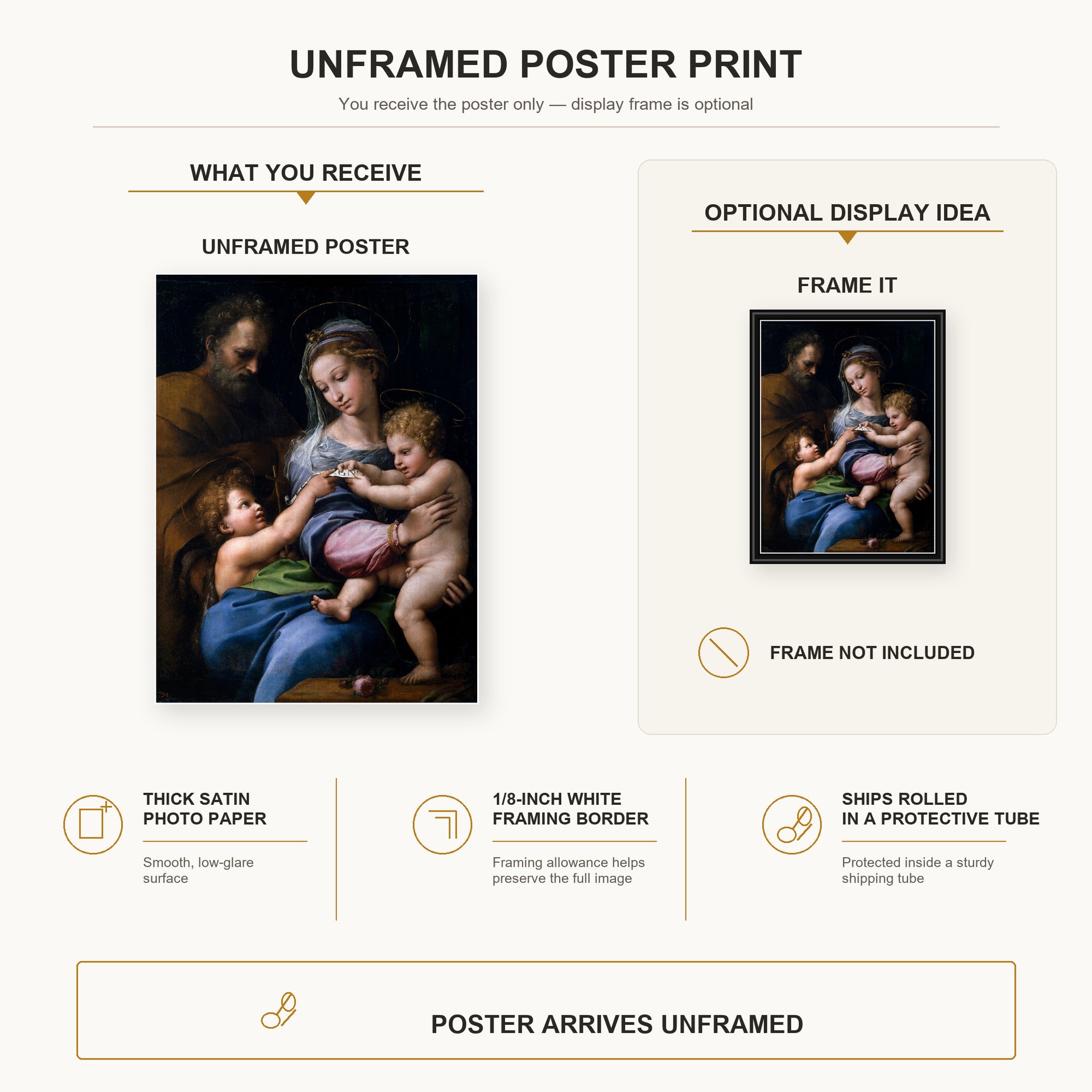 Raphael - Madonna of the Rose poster print size comparison and framing display infographic