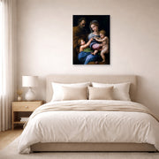 Unframed poster print of Raphael's Madonna of the Rose displayed on a wall in a bedroom