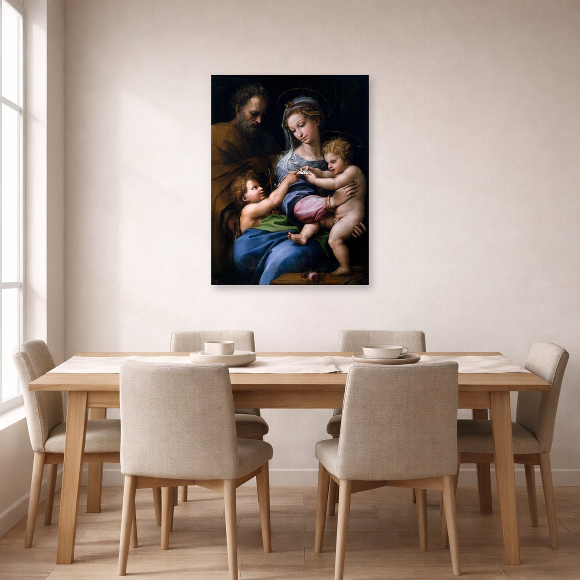 Unframed poster print of Raphael's Madonna of the Rose displayed on a wall in a dining