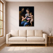 Unframed poster print of Raphael's Madonna of the Rose displayed on a wall in a living room