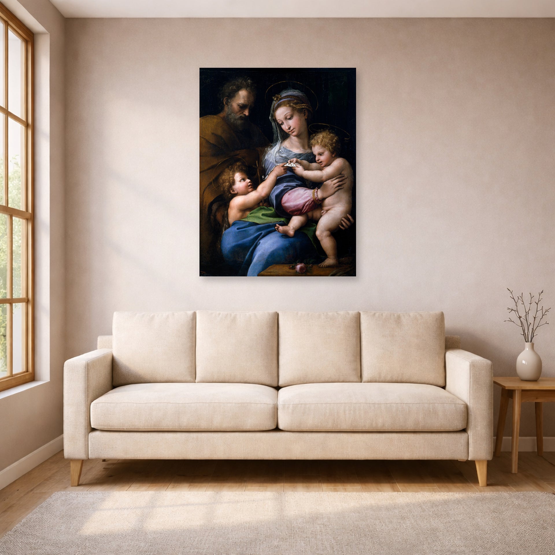 Unframed poster print of Raphael's Madonna of the Rose displayed on a wall in a living room