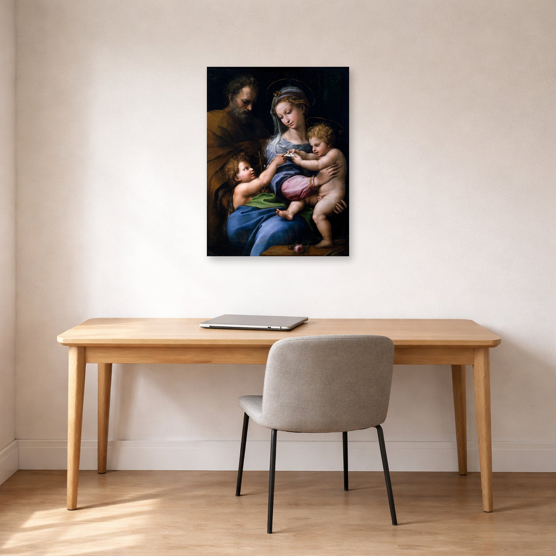 Unframed poster print of Raphael's Madonna of the Rose displayed on a wall in a office