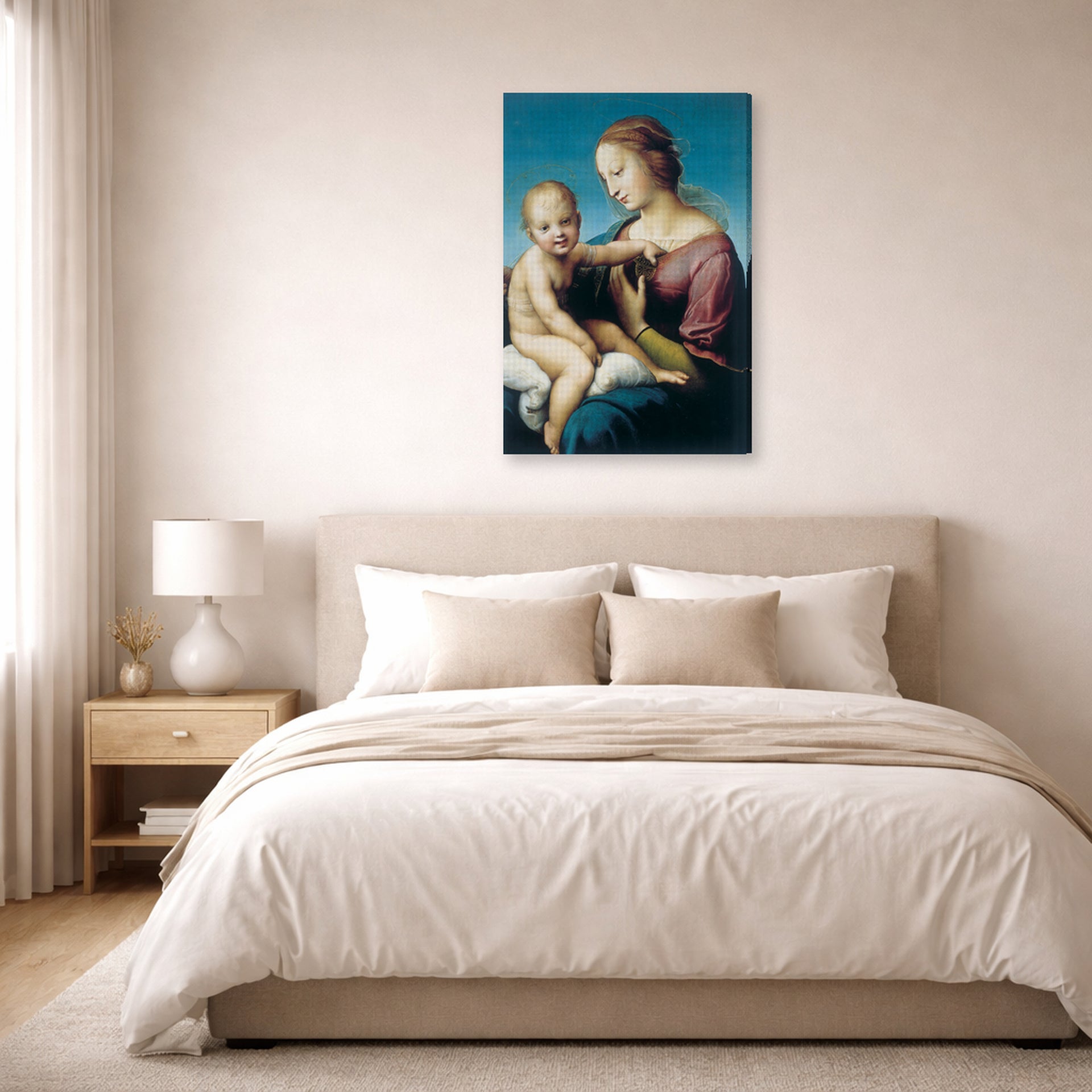 Gallery-wrapped canvas print of Raphael's Niccolini-Cowper Madonna displayed on a wall in a bedroom