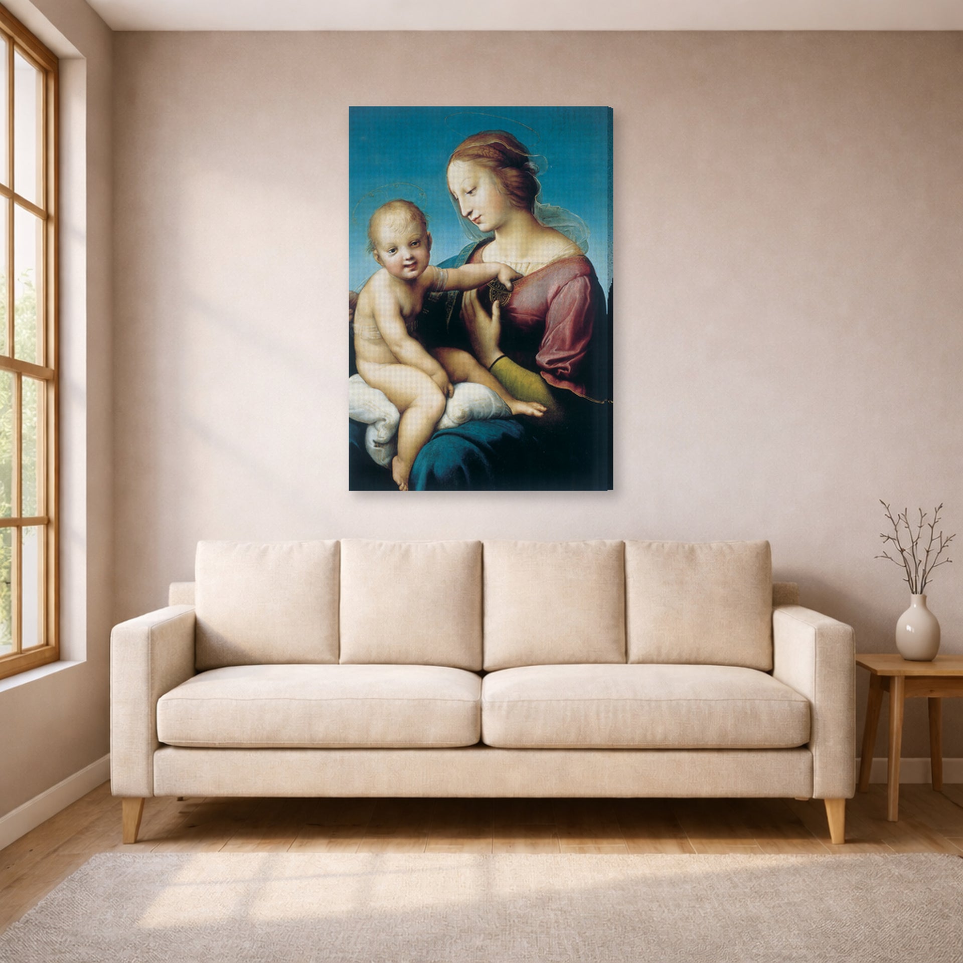 Gallery-wrapped canvas print of Raphael's Niccolini-Cowper Madonna displayed on a wall in a living room