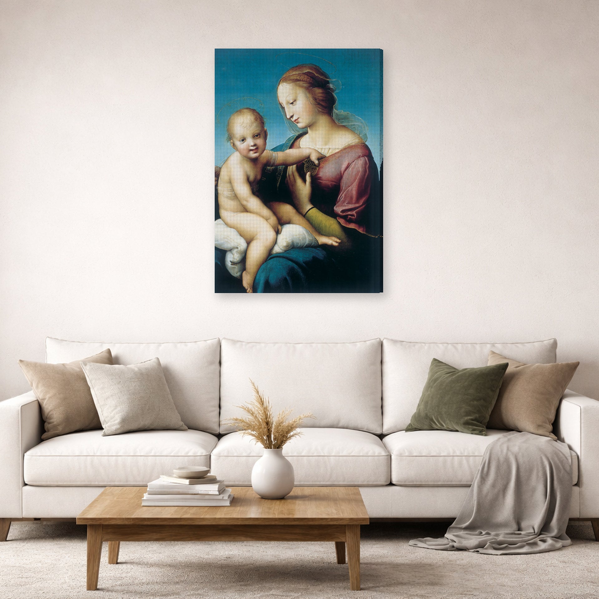 Gallery-wrapped canvas print of Raphael's Niccolini-Cowper Madonna displayed on a wall in a living room