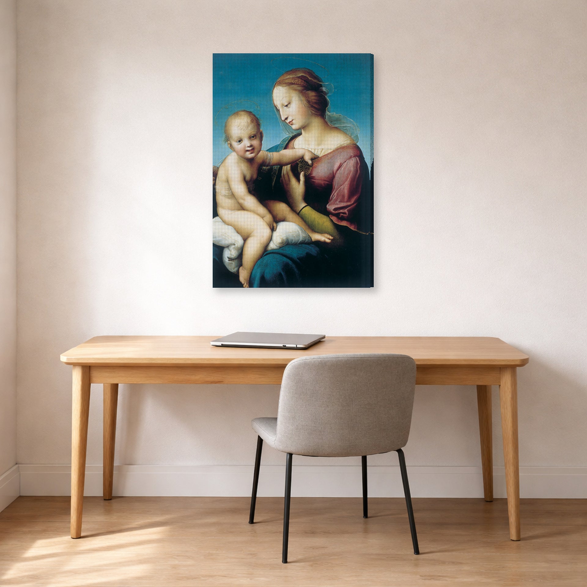 Gallery-wrapped canvas print of Raphael's Niccolini-Cowper Madonna displayed on a wall in a office