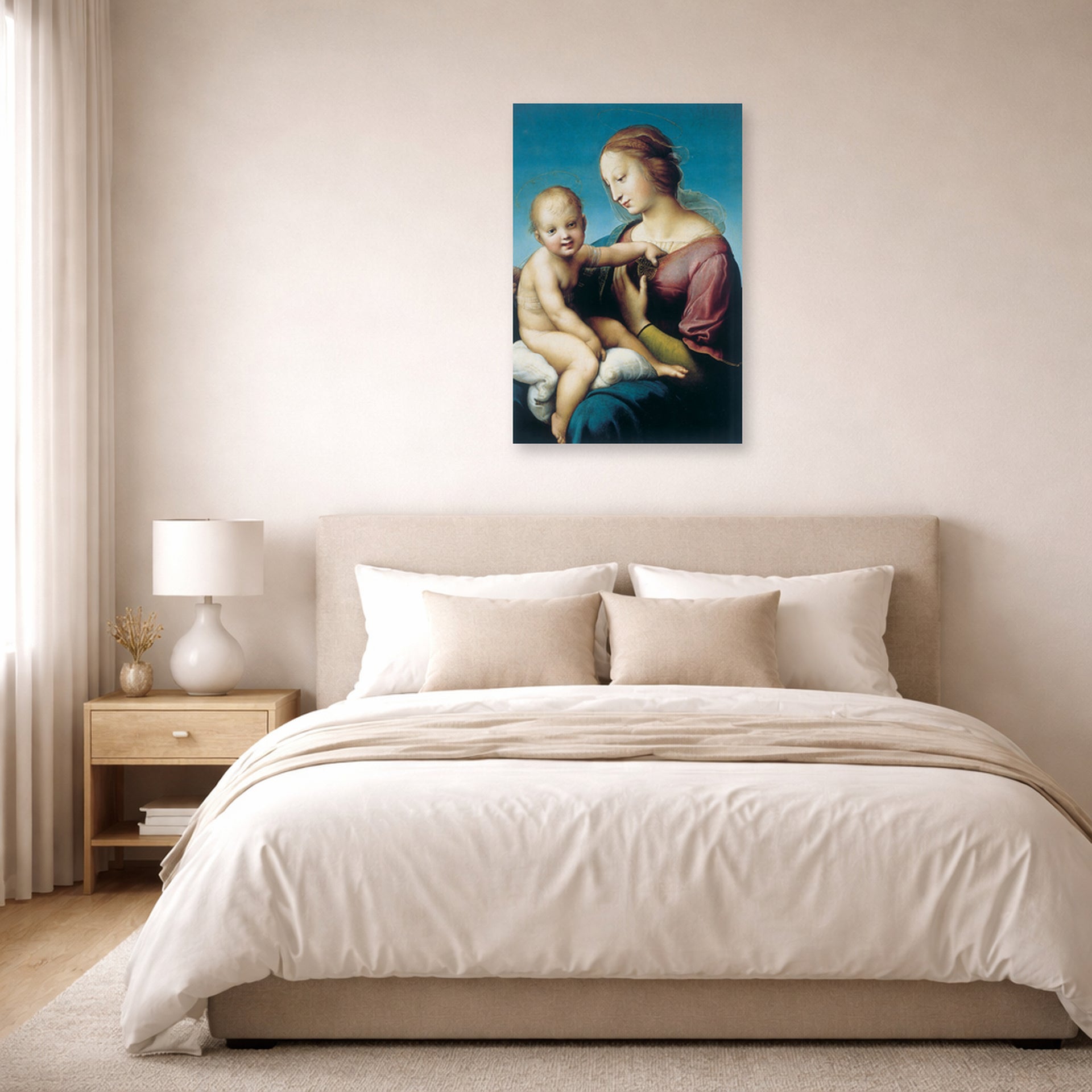 Unframed poster print of Raphael's Niccolini-Cowper Madonna displayed on a wall in a bedroom