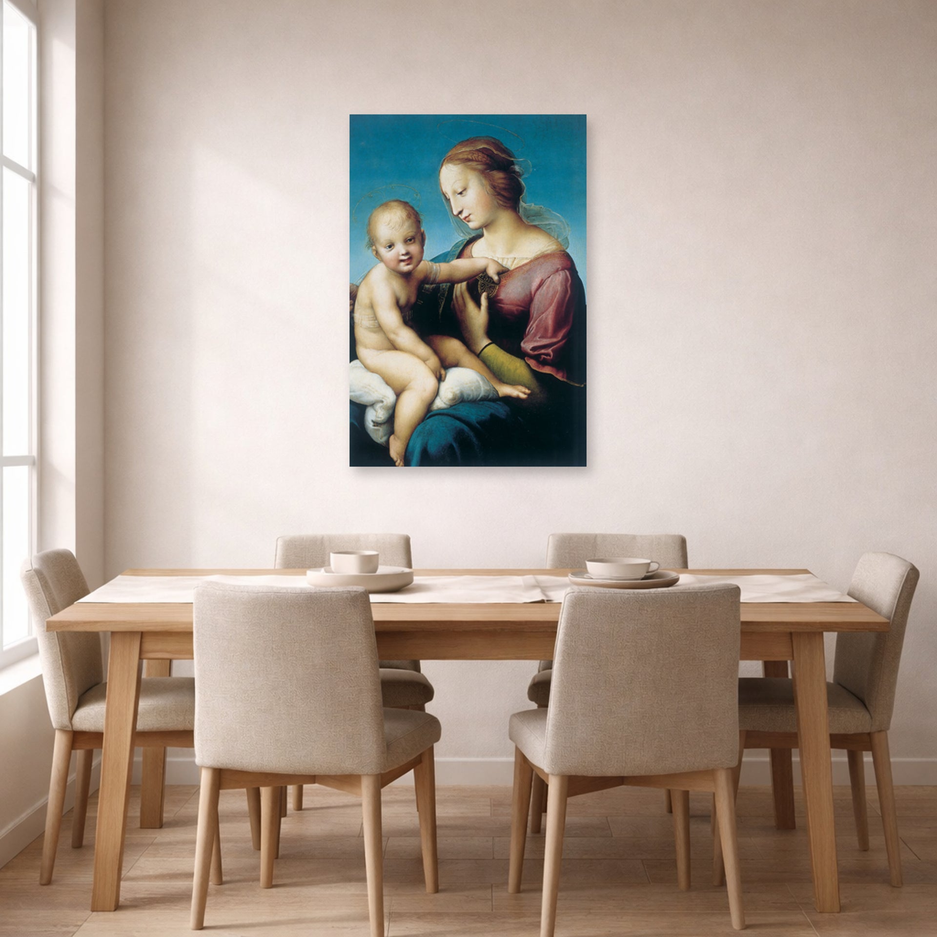 Unframed poster print of Raphael's Niccolini-Cowper Madonna displayed on a wall in a dining