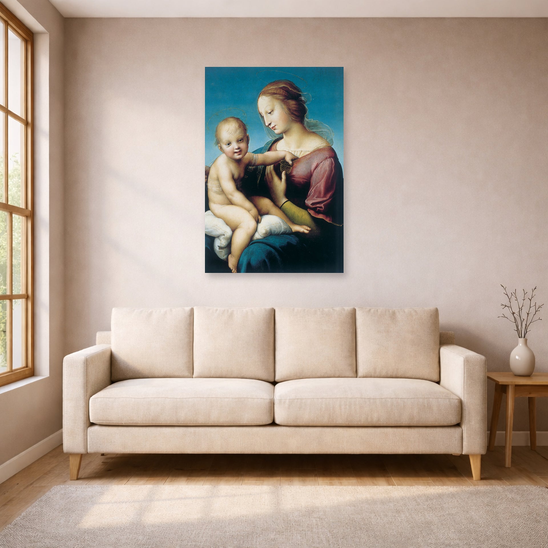 Unframed poster print of Raphael's Niccolini-Cowper Madonna displayed on a wall in a living room