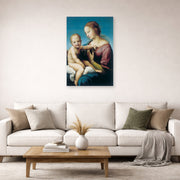 Unframed poster print of Raphael's Niccolini-Cowper Madonna displayed on a wall in a living room