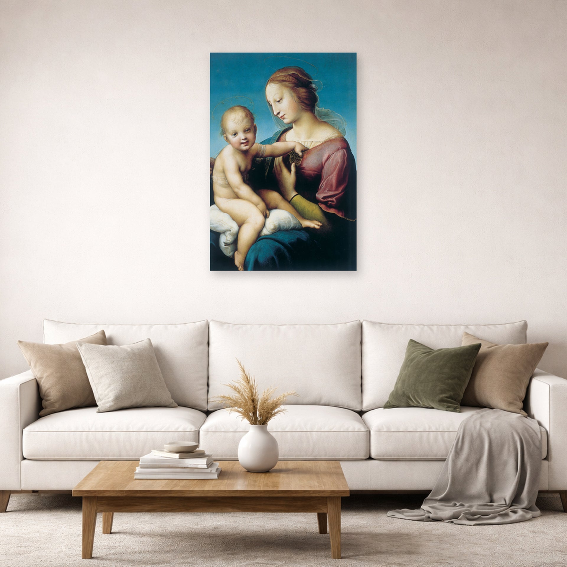 Unframed poster print of Raphael's Niccolini-Cowper Madonna displayed on a wall in a living room