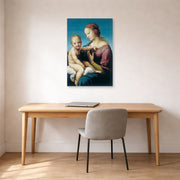 Unframed poster print of Raphael's Niccolini-Cowper Madonna displayed on a wall in a office
