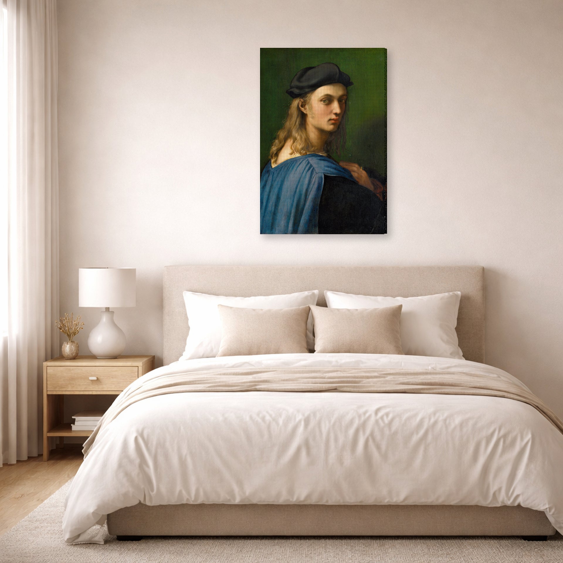 Gallery-wrapped canvas print of Raphael's Portrait of Bindo Altoviti displayed on a wall in a bedroom