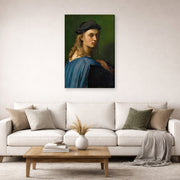 Gallery-wrapped canvas print of Raphael's Portrait of Bindo Altoviti displayed on a wall in a living room