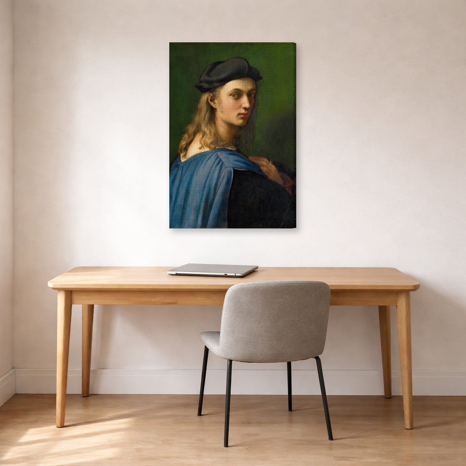 Gallery-wrapped canvas print of Raphael's Portrait of Bindo Altoviti displayed on a wall in a office