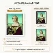 Raphael - Portrait of a Lady with a Unicorn canvas print size comparison and framing display infographic