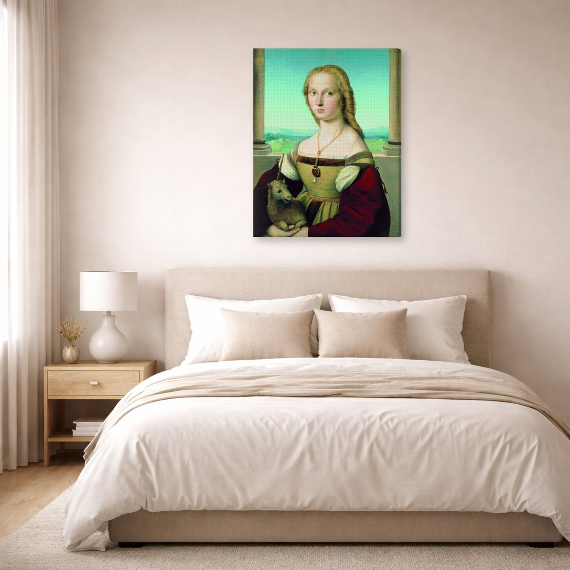 Gallery-wrapped canvas print of Raphael's Portrait of a Lady with a Unicorn displayed on a wall in a bedroom