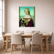 Gallery-wrapped canvas print of Raphael's Portrait of a Lady with a Unicorn displayed on a wall in a dining
