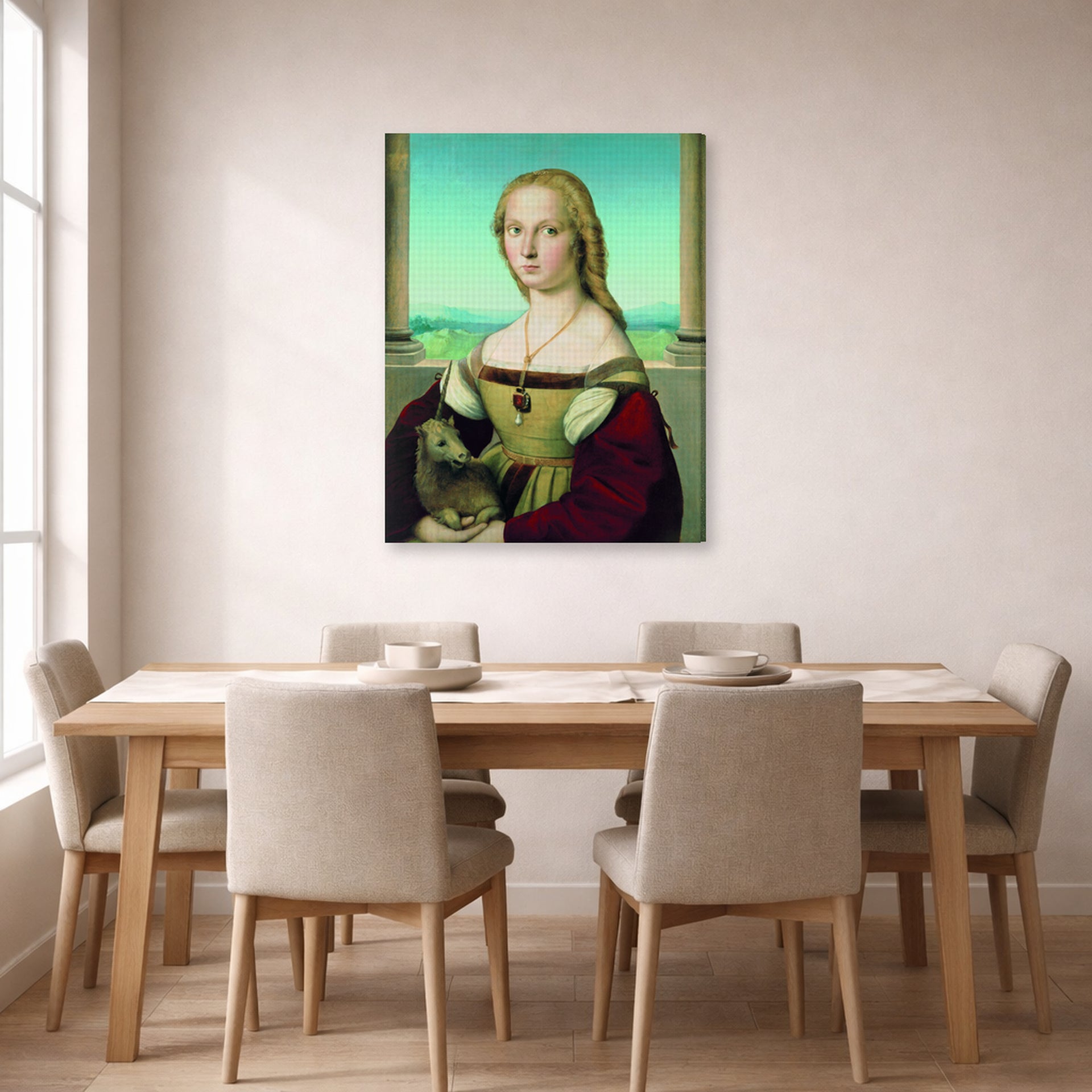 Gallery-wrapped canvas print of Raphael's Portrait of a Lady with a Unicorn displayed on a wall in a dining