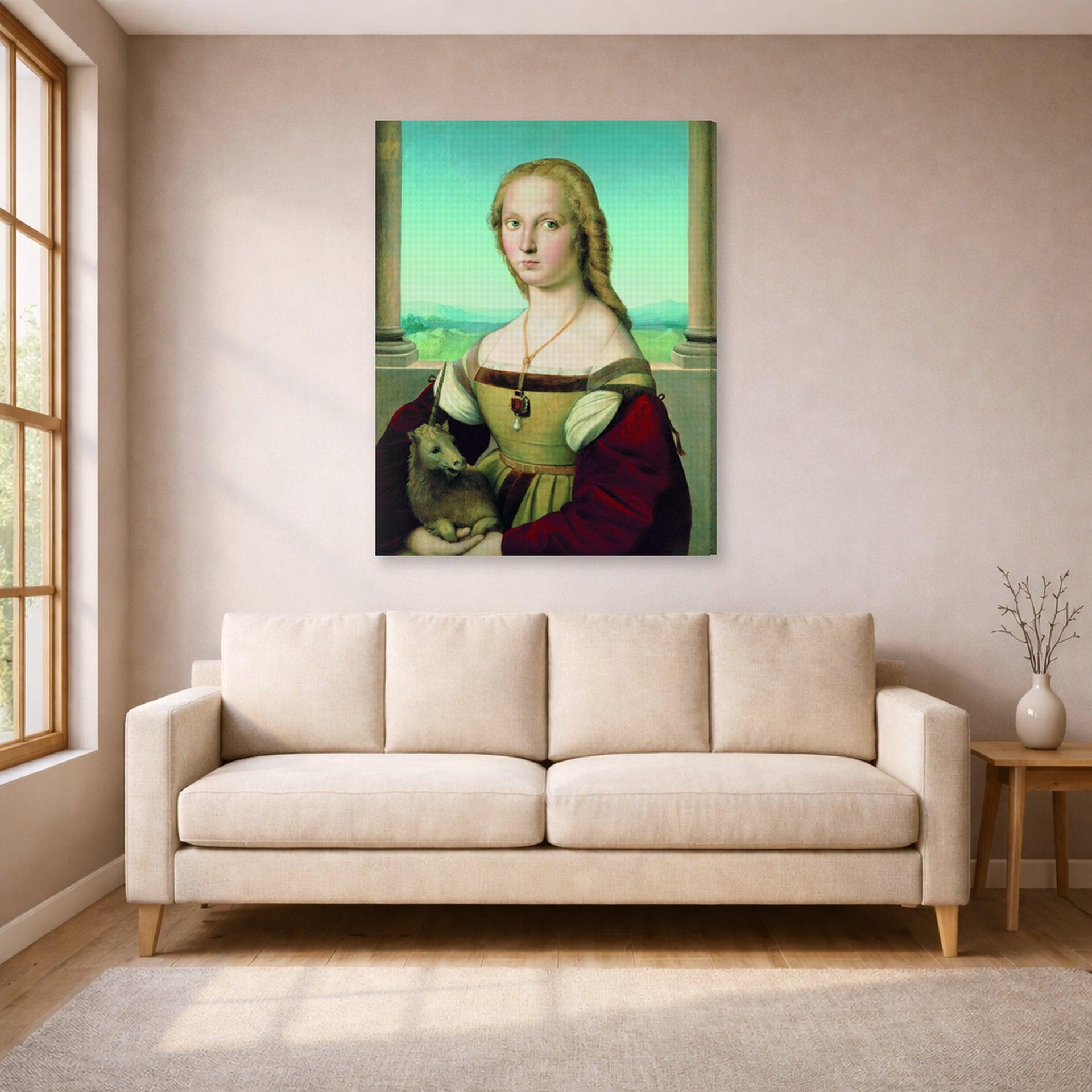 Gallery-wrapped canvas print of Raphael's Portrait of a Lady with a Unicorn displayed on a wall in a living room
