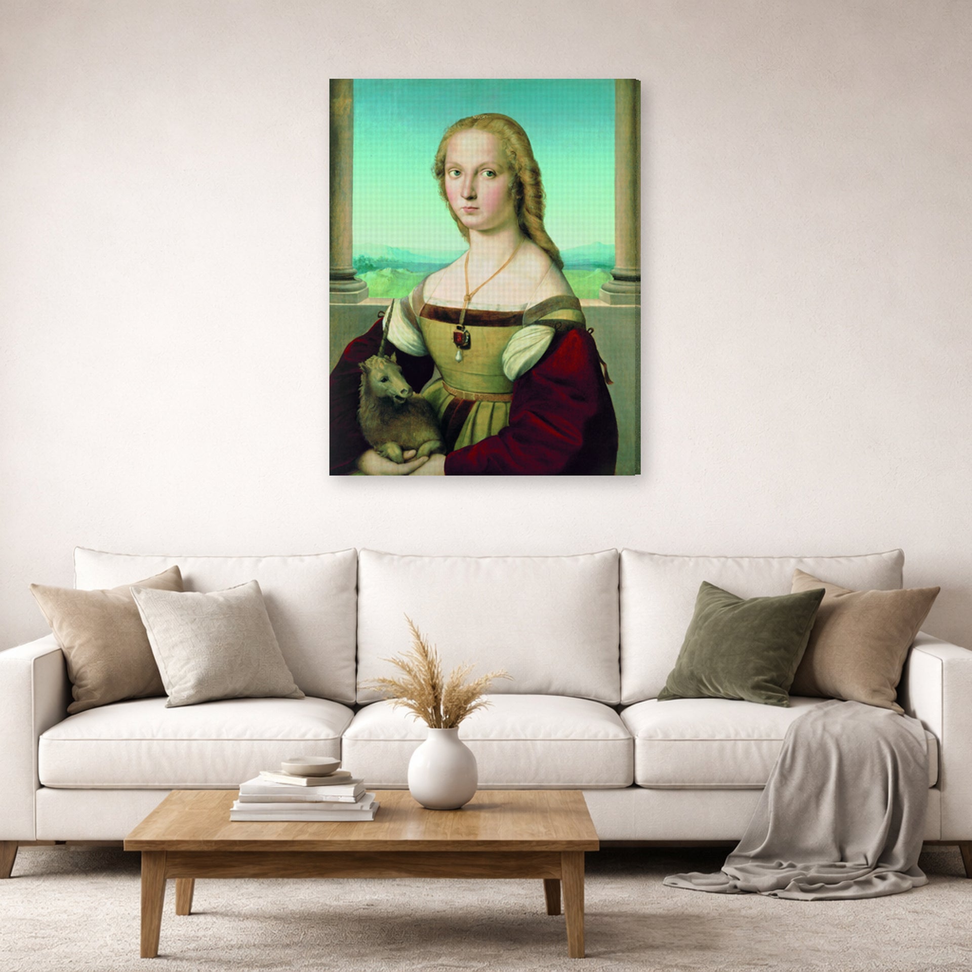Gallery-wrapped canvas print of Raphael's Portrait of a Lady with a Unicorn displayed on a wall in a living room