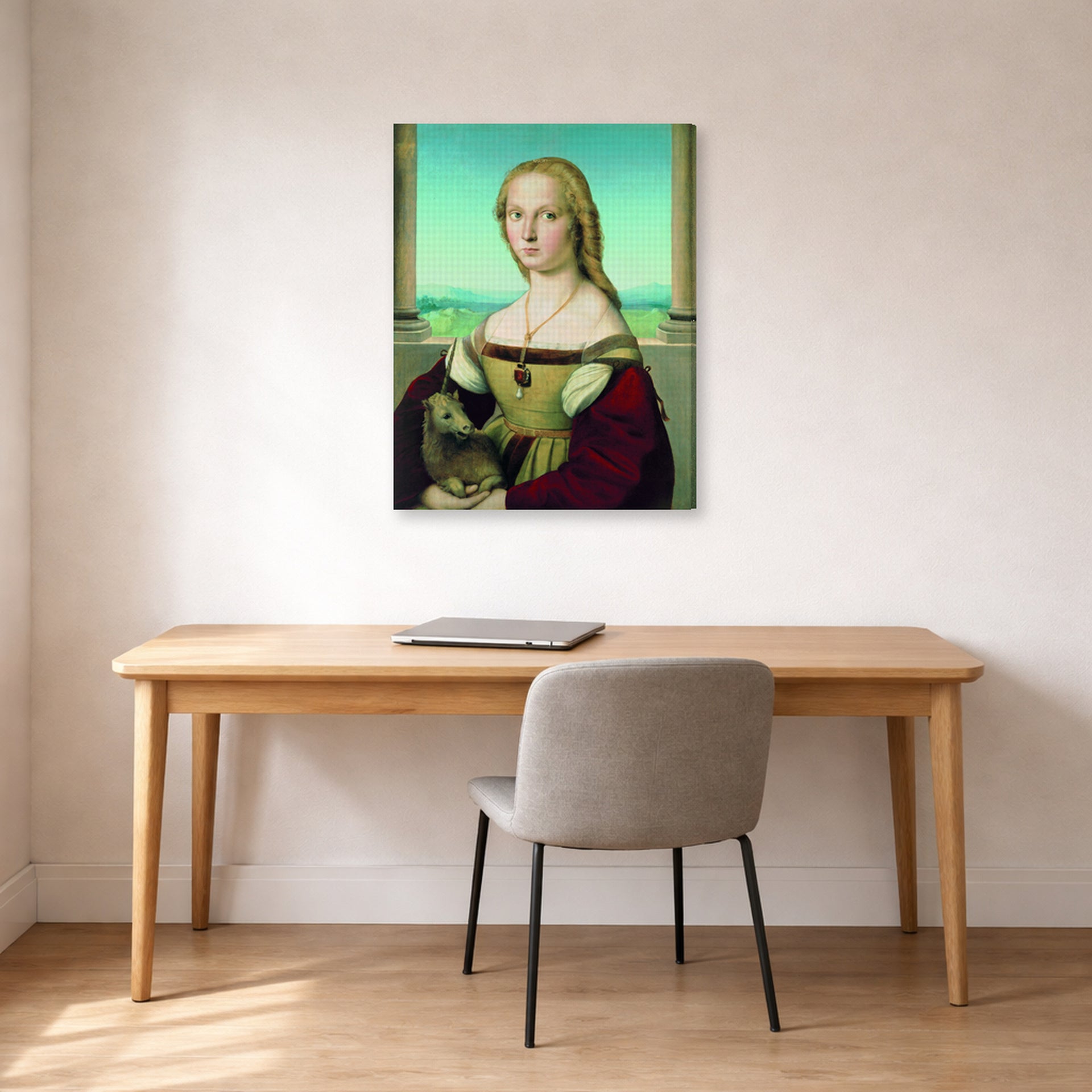 Gallery-wrapped canvas print of Raphael's Portrait of a Lady with a Unicorn displayed on a wall in a office