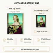 Raphael - Portrait of a Lady with a Unicorn poster print size comparison and framing display infographic