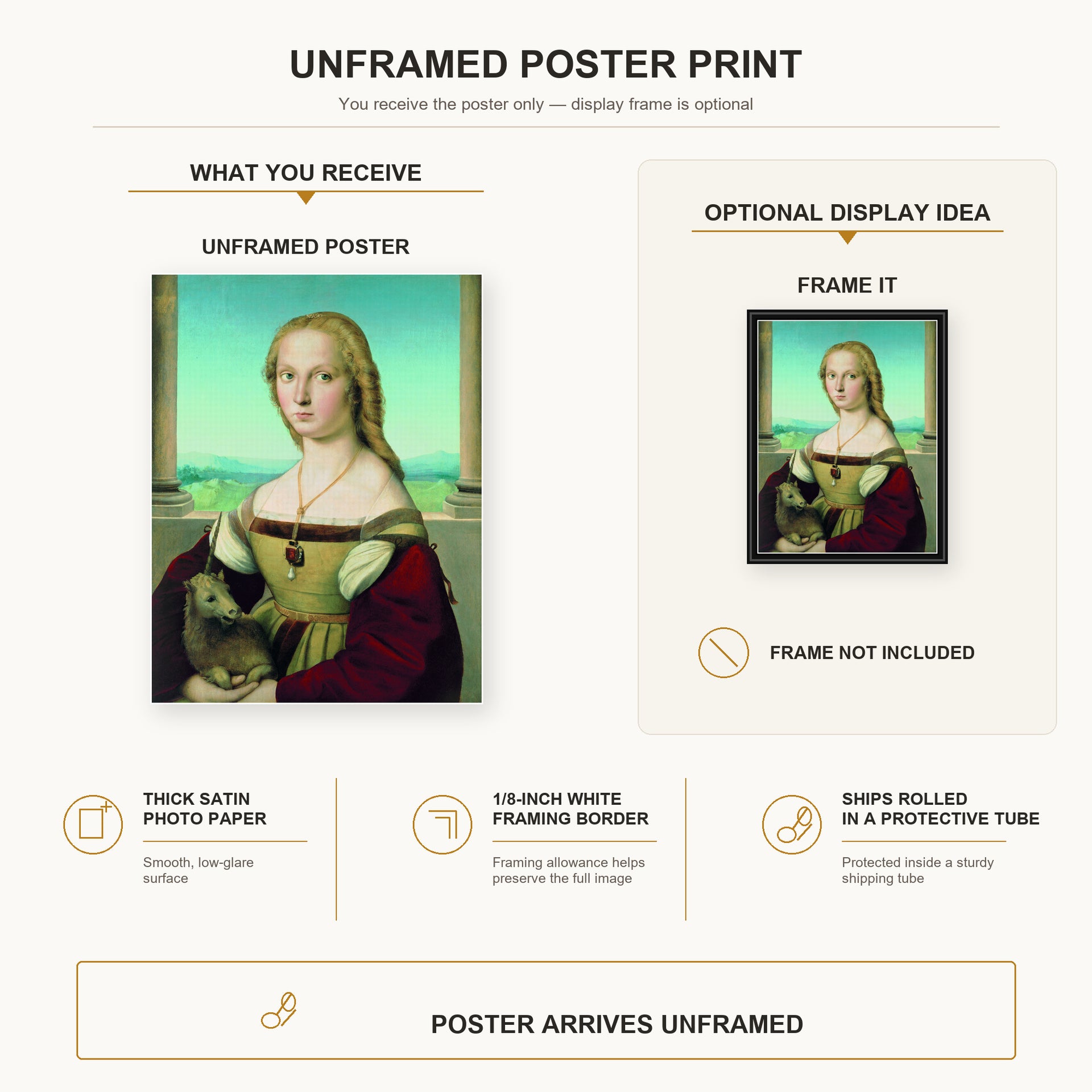 Raphael - Portrait of a Lady with a Unicorn poster print size comparison and framing display infographic