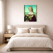 Unframed poster print of Raphael's Portrait of a Lady with a Unicorn displayed on a wall in a bedroom