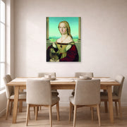 Unframed poster print of Raphael's Portrait of a Lady with a Unicorn displayed on a wall in a dining