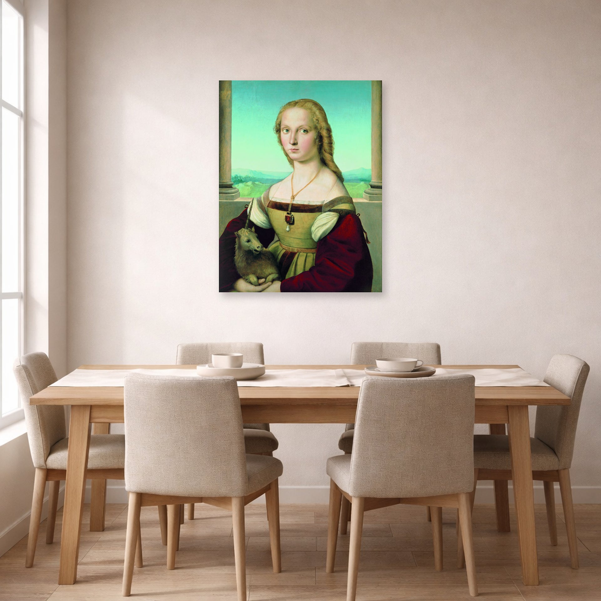 Unframed poster print of Raphael's Portrait of a Lady with a Unicorn displayed on a wall in a dining