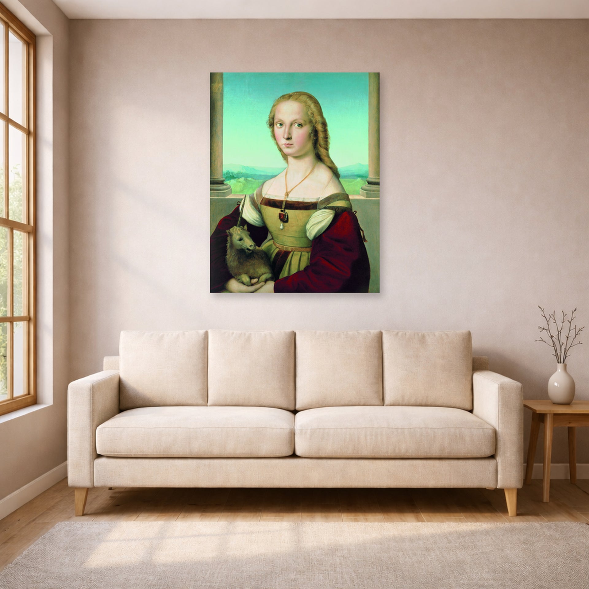 Unframed poster print of Raphael's Portrait of a Lady with a Unicorn displayed on a wall in a living room