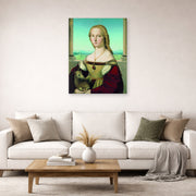 Unframed poster print of Raphael's Portrait of a Lady with a Unicorn displayed on a wall in a living room