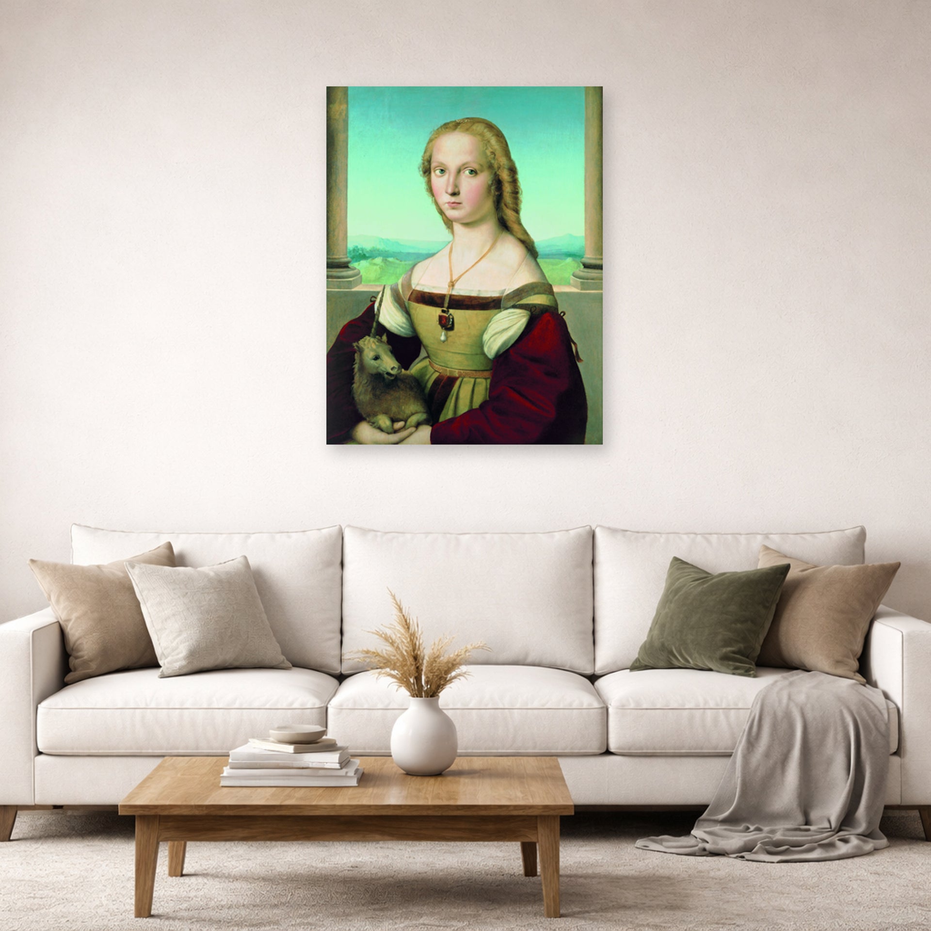 Unframed poster print of Raphael's Portrait of a Lady with a Unicorn displayed on a wall in a living room