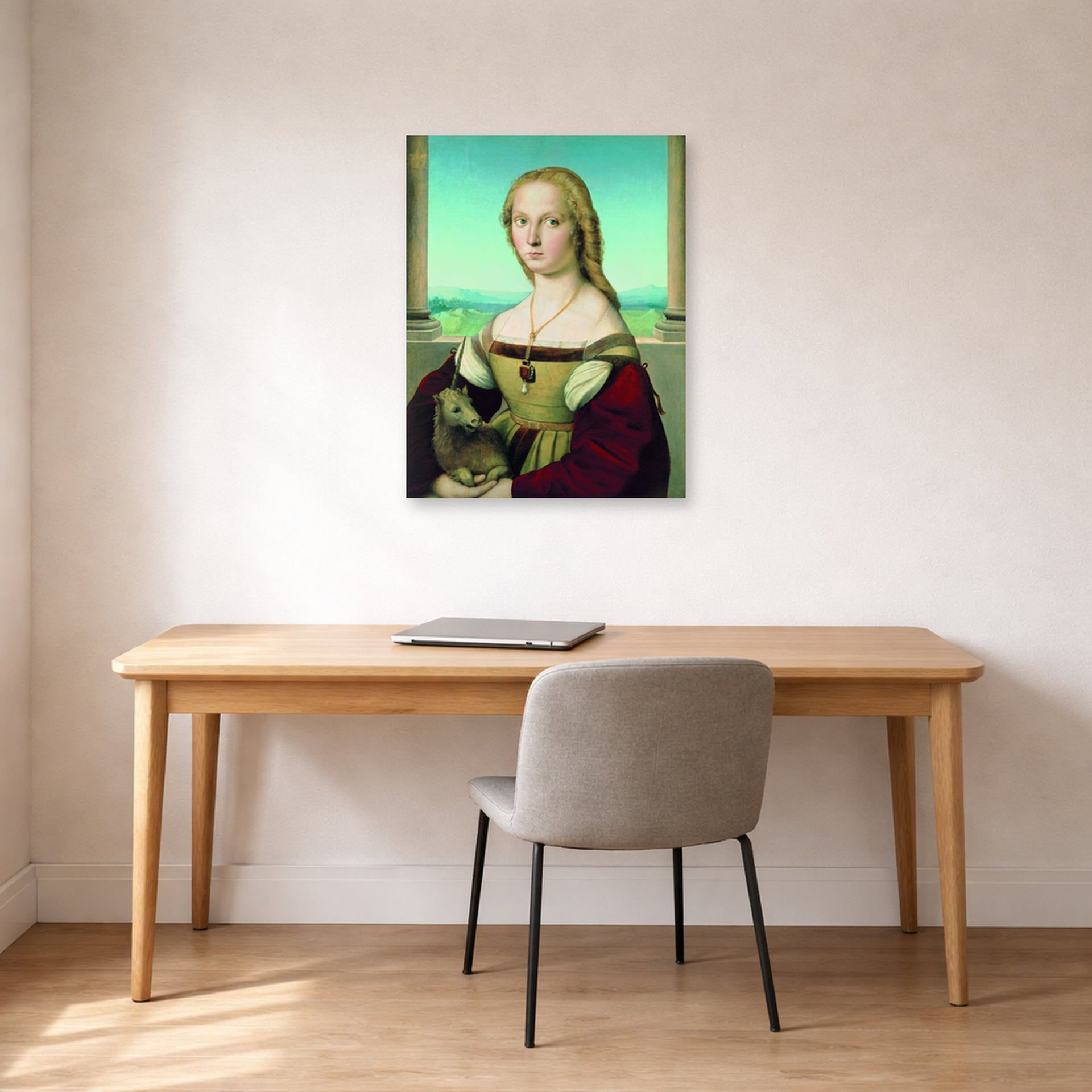 Unframed poster print of Raphael's Portrait of a Lady with a Unicorn displayed on a wall in a office