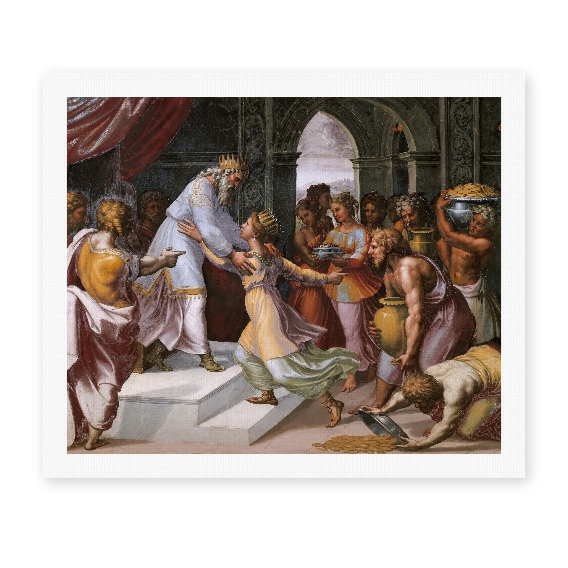 Raphael's 'Queen of Sheba and Solomon' painting reproduced as a rolled canvas print
