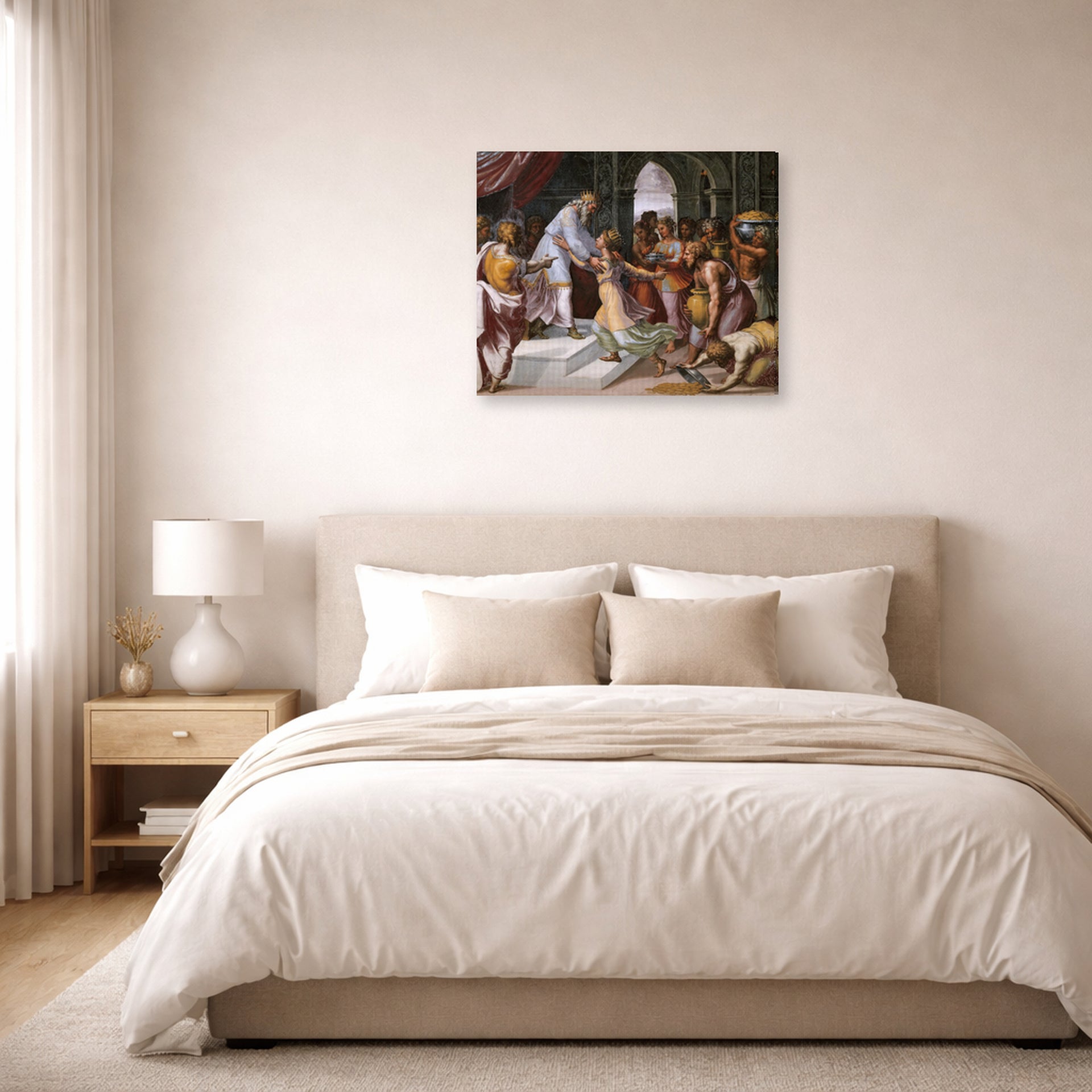 Gallery-wrapped canvas print of Raphael's Queen of Sheba and Solomon displayed on a wall in a bedroom