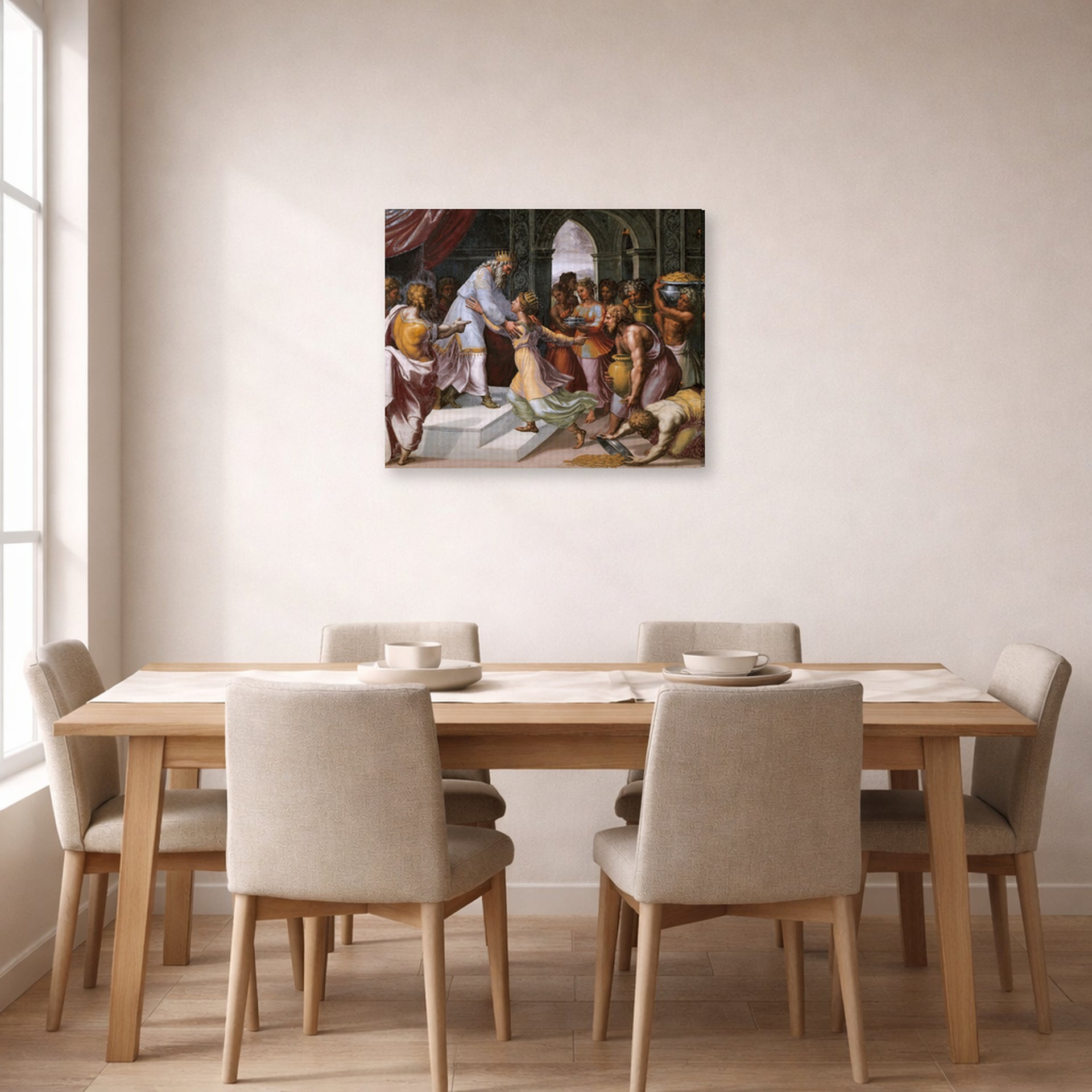 Gallery-wrapped canvas print of Raphael's Queen of Sheba and Solomon displayed on a wall in a dining
