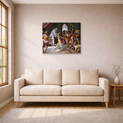 Gallery-wrapped canvas print of Raphael's Queen of Sheba and Solomon displayed on a wall in a living room
