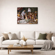 Gallery-wrapped canvas print of Raphael's Queen of Sheba and Solomon displayed on a wall in a living room