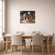 Unframed poster print of Raphael's Queen of Sheba and Solomon displayed on a wall in a dining