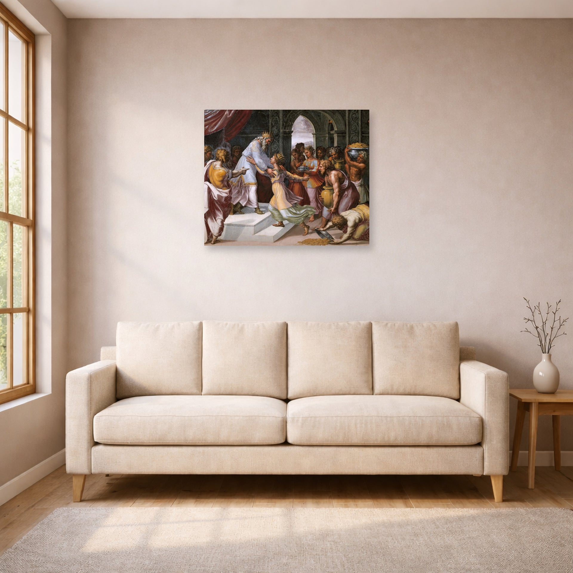 Unframed poster print of Raphael's Queen of Sheba and Solomon displayed on a wall in a living room